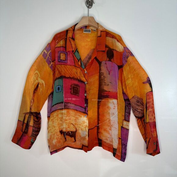 Chico's Design Womens Silk Art To Wear Artsy Button Up Shirt Size XL 3 Sheer Art - Picture 1 of 13